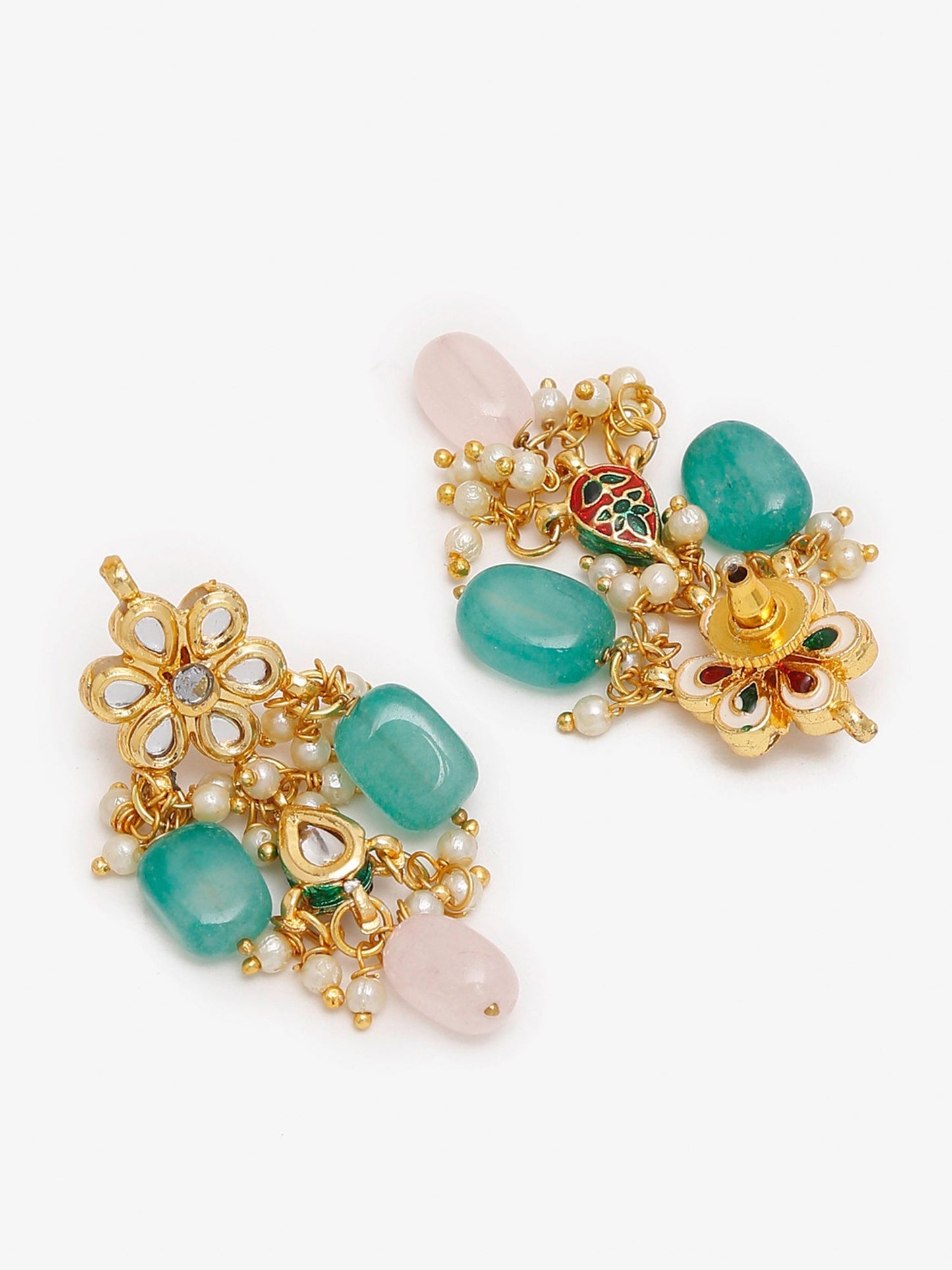 Gold-Polished Green White Kundan Studded Layered Jewellery Set - Ruby Raang - Swadesiicart