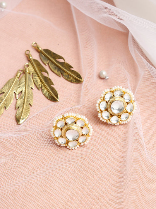 Gold-Toned Floral Kundan Studded Studs Earrings - Ruby Raang - Ruby Raang Studio