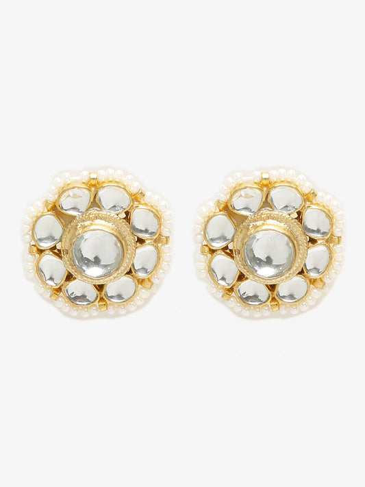 Gold-Toned Floral Kundan Studded Studs Earrings - Ruby Raang - Swadesiicart