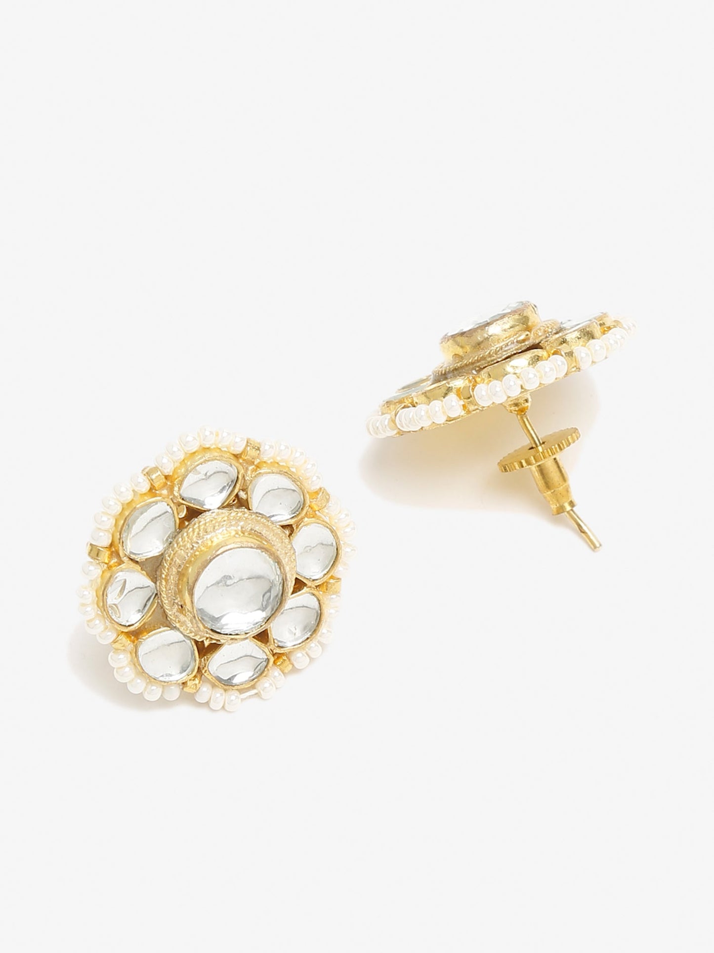 Gold-Toned Floral Kundan Studded Studs Earrings - Ruby Raang - Swadesiicart