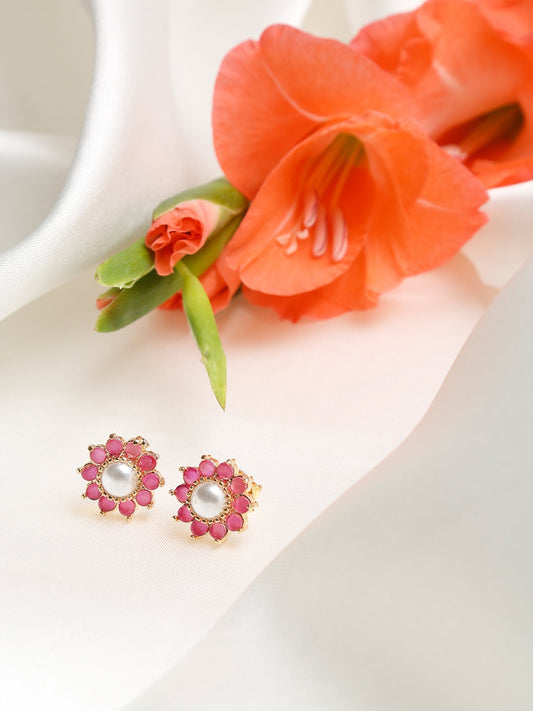 Maroon Gold-Polished Floral Studs Earrings - Ruby Raang - Ruby Raang Studio