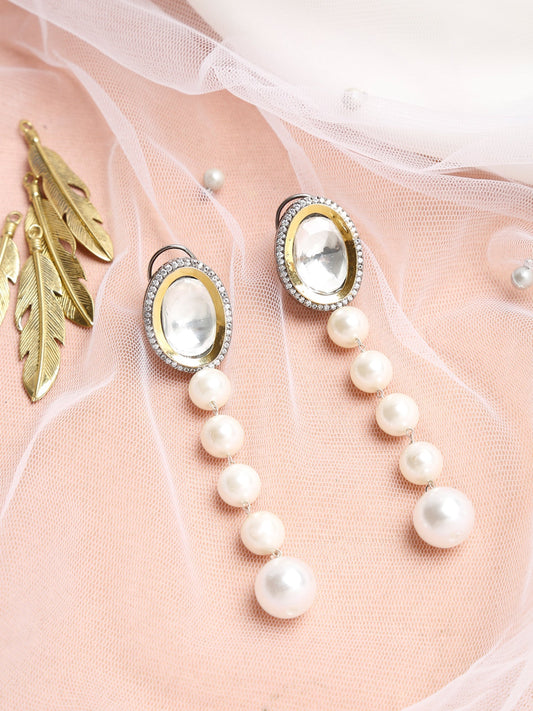 White Kundan Studded Pearls Drop Earrings - Ruby Raang | Swadesiicart