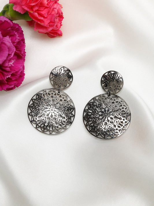 Silver-Toned Circular Drop Earrings - Ruby Raang | Swadesiicart