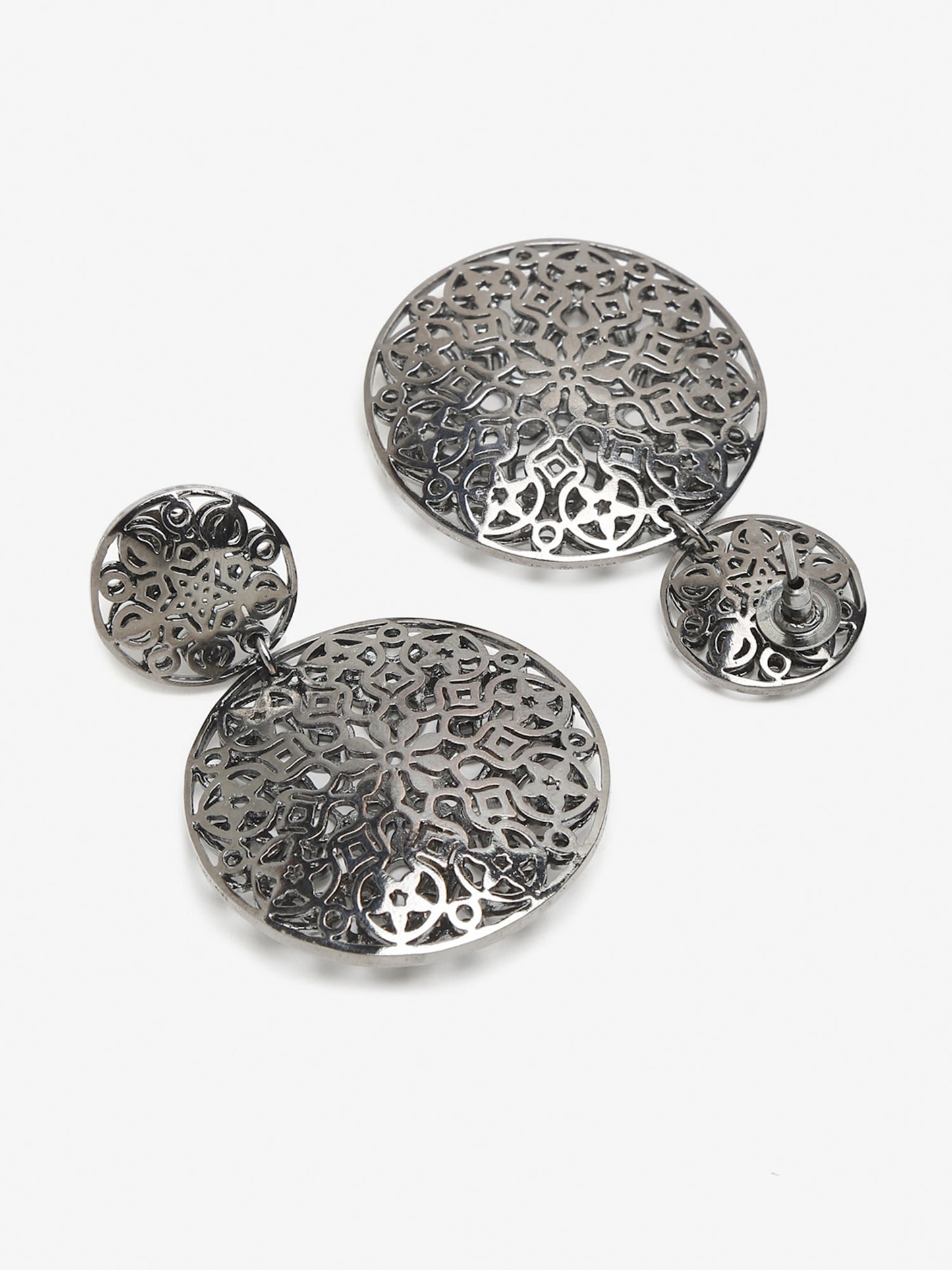 Silver-Toned Circular Drop Earrings - Ruby Raang | Swadesiicart