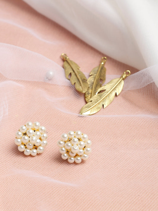 White Gold-Toned Pearl Circular Stud Earrings - Ruby Raang | Swadesiicart