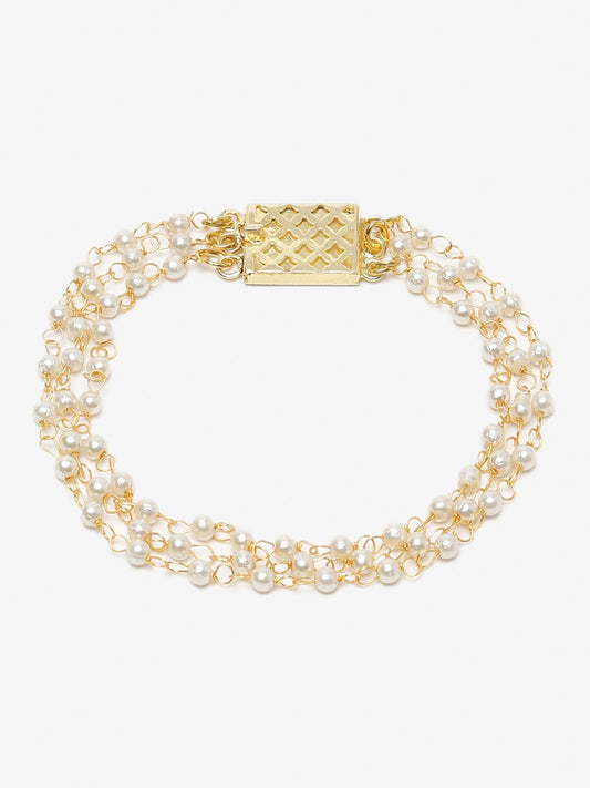 Women's Gold-Toned White Pearls Handcrafted Gold-Polished Multistrand Bracelet - Ruby Raang - Swadesiicart