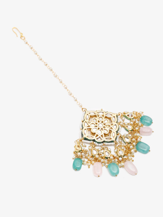 Multicoloured Gold-Polished Kundan Maang Tikka - Ruby Raang | Swadesiicart