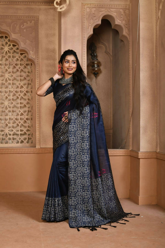 Vishnu Weaves Women's Navy Blue Handloom Raw Silk Woven Border Saree with Unstitched Blouse - Swadesiicart