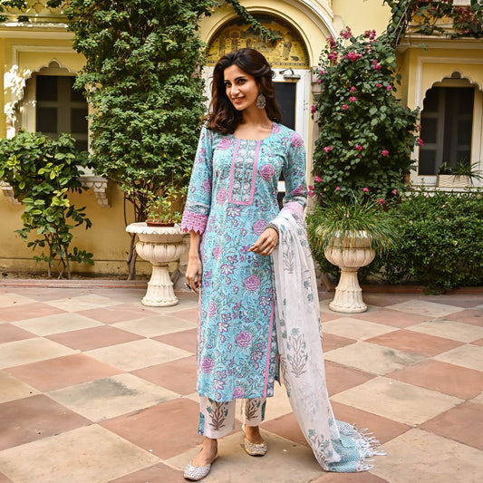 Indian Clothing Malishka Women's Sky Blue Cotton Floral Printed Kurta Pant Set With Dupatta - Skyblue - Swadesiicart