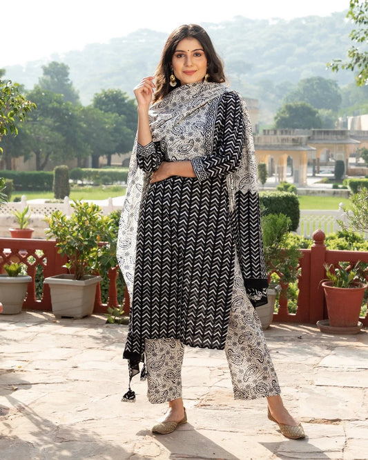 Indian Clothing Malishka Womens Black Cotton Printed Kurta and Pant Set with Dupatta - Black - Swadesiicart