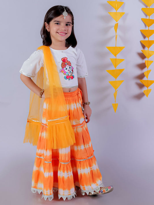 Lil Drama Janmashtami Girls Orange Lehanga and White Choli with Dupatta Ethnic Set | Swadesiicart