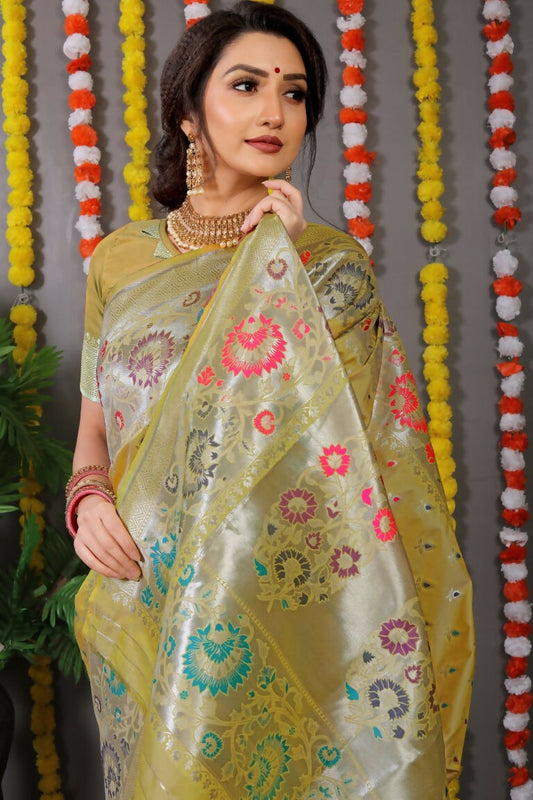 Jyoti Fashion Women's Mehndi Banarasi Silk Zari Woven Saree with Blouse | Swadesiicart