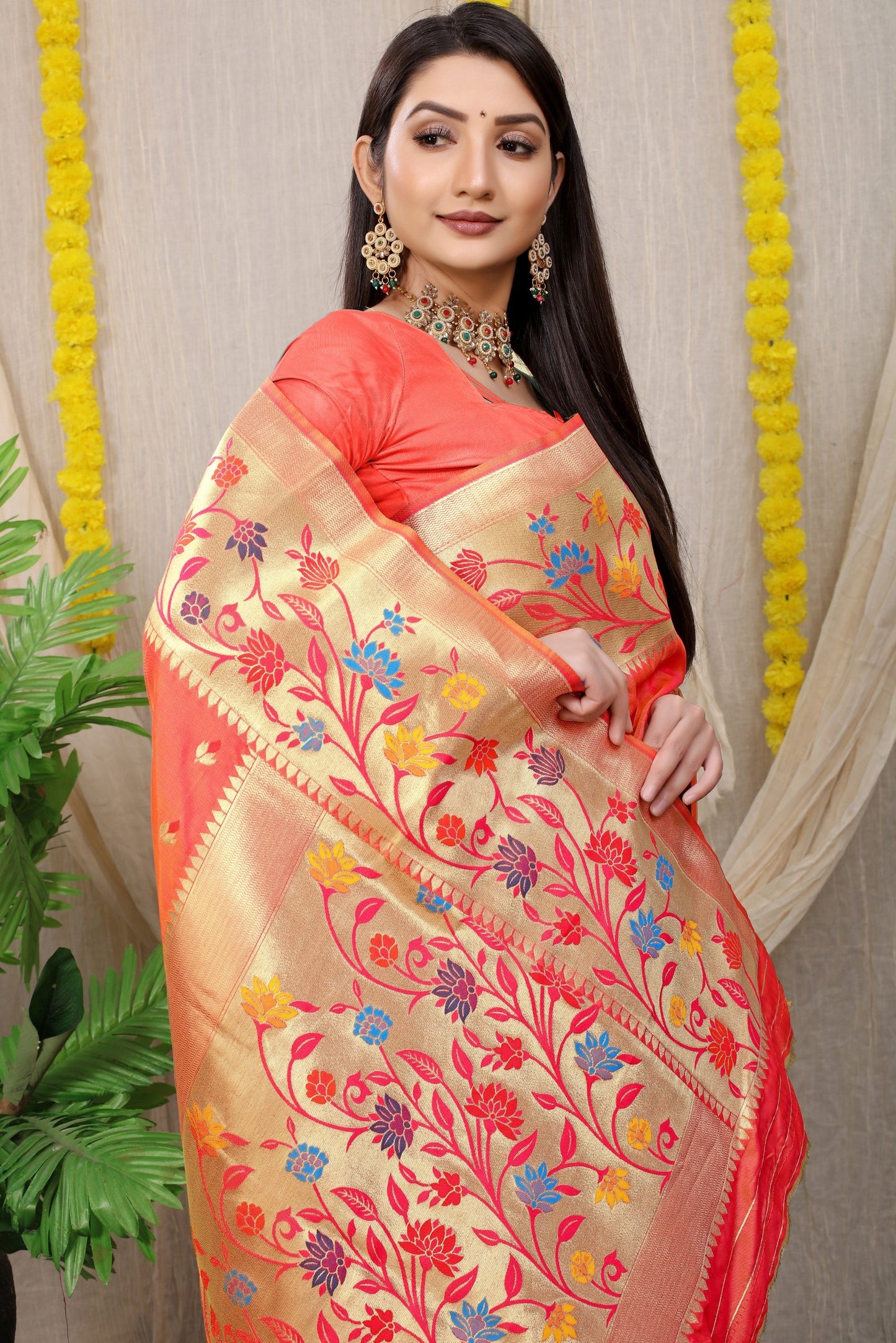 Anaita Peach Woven Design Pure Silk Banarasi Saree With Blouse