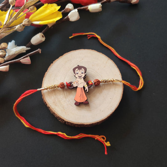 Indianvibez Chota Bheem Wooden Rakhi with Rudraksha, Cartoon Rakhi for Bro, Shop India - Kids Rakhi - Swadesiicart