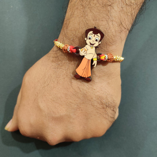Indianvibez Chota Bheem Wooden Rakhi with Rudraksha, Cartoon Rakhi for Bro, Shop India - Kids Rakhi - Swadesiicart
