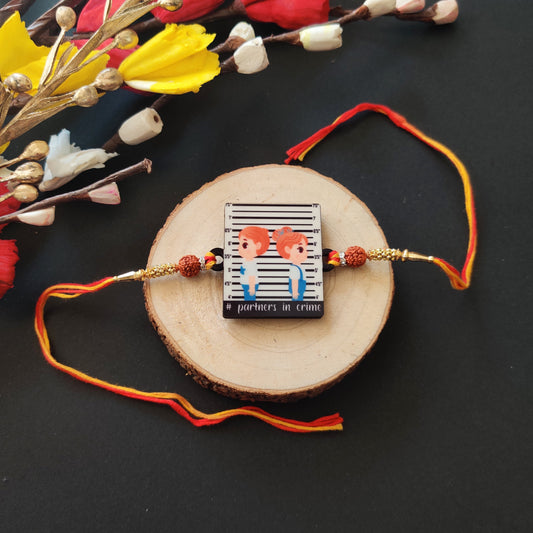 Indianvibez Partners in Crime Rakhi Wooden Rakhi for brother with Rudraksha Thread - Kids Rakhi - Swadesiicart