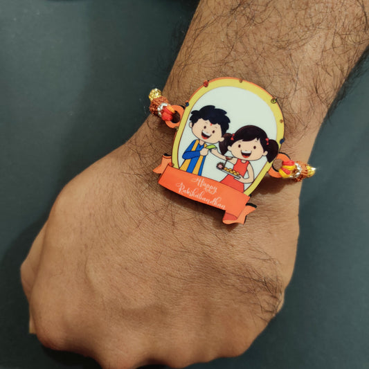Indianvibez Happy Rakshabandhan Wooden Rakhi with Rudraksha, Traditional Rakhi for Brother, Shop India - Kids Rakhi - Swadesiicart