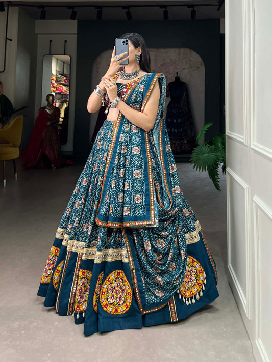 Lorenvalley Rama Pure Rayon Navratri Chaniya Choli, Complete With Sophisticated Printed Foil Work And Gamthi Patch & Lace Touch-Up | Swadesiicart