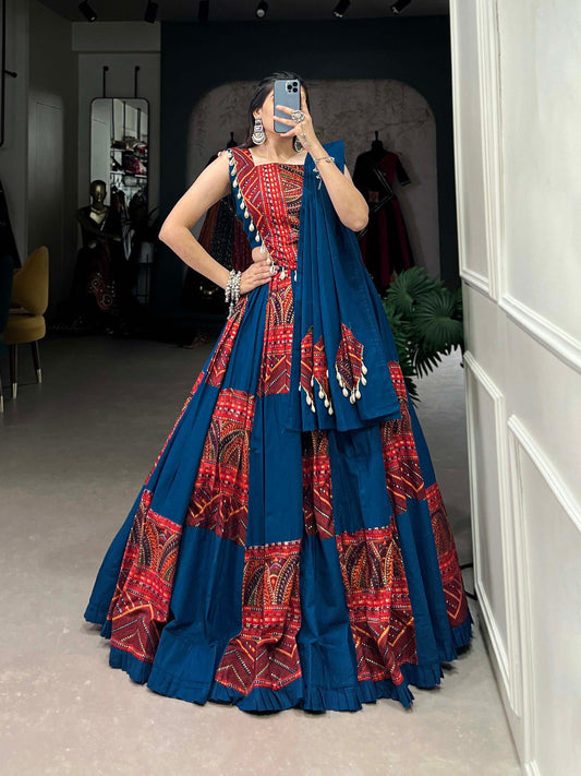 Lorenvalley Pure Cotton Rama Plain And Printed With Foil Work Lehenga Choli with Dupatta | Swadesiicart