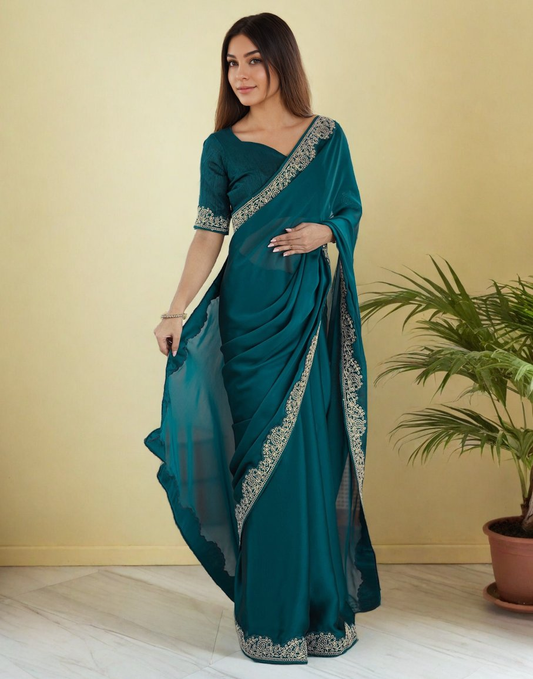 Lorenvalley Fashion Rama Rangoli Silk with Coding Lace Work Saree with Blouse - Swadesiicart