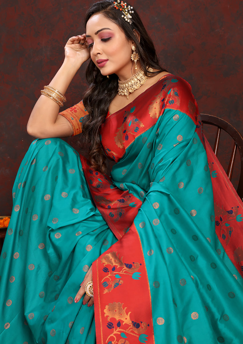 Lorenvalley Fashion Rama Soft Paithani Silk Woven Design Rich Zari Meenakari Weaving Saree - Swadesiicart