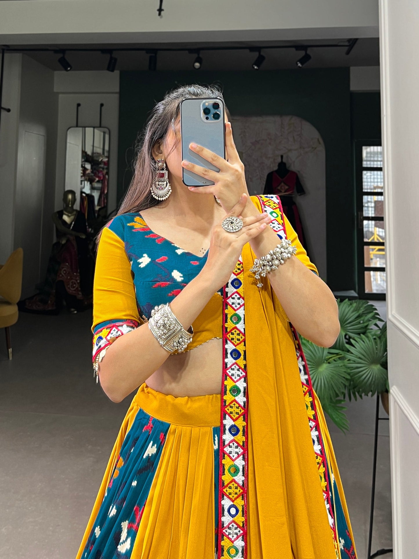 Lorenvalley Yellow and Rama Rayon with Printed Silk Original Mirror Gamthi Work and Embossed Design Gota Lehenga Choli with Dupatta | Swadesiicart