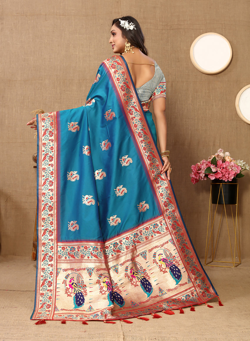 Lorenvalley Fashion Rama Soft Paithani Silk Woven Design Rich Meenakari Zari Weaving Pallu Saree - Swadesiicart