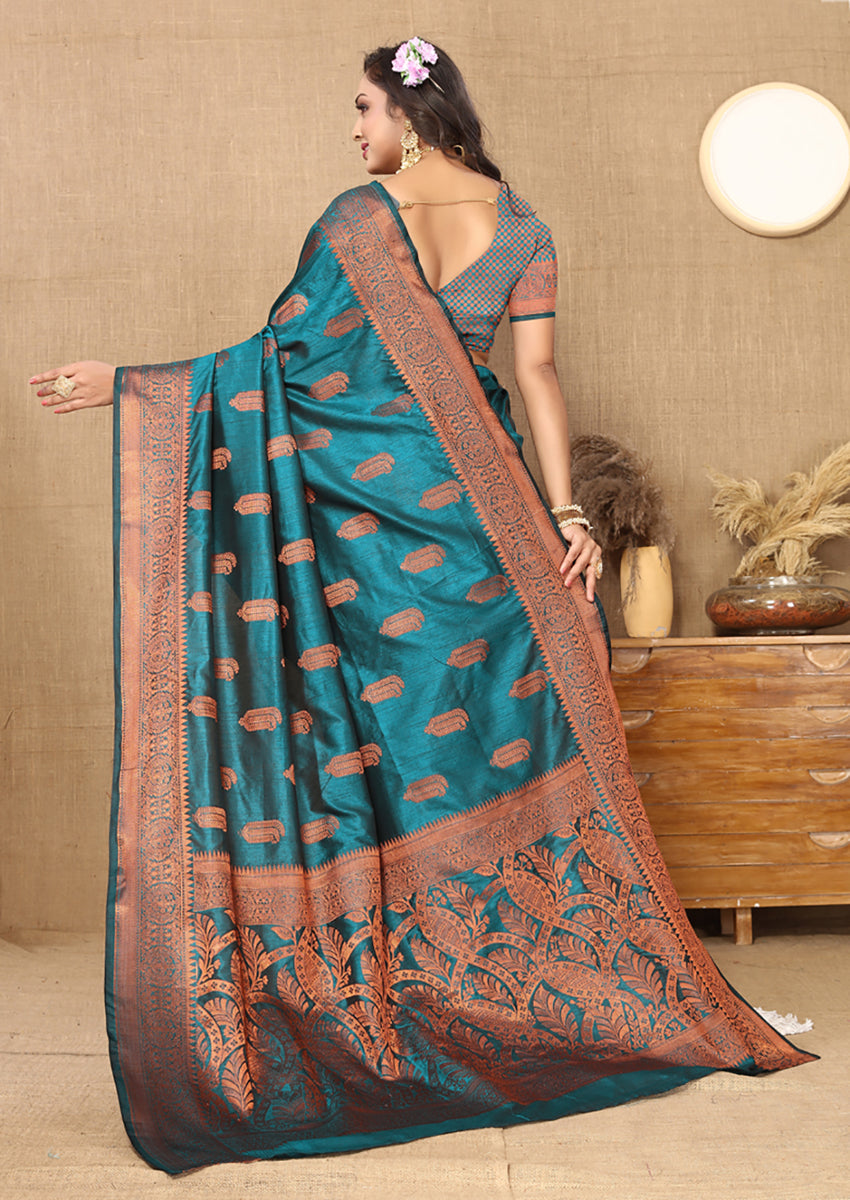 Lorenvalley Fashion Rama Soft Katan Silk Woven Design Copper Zari Weaving Saree - Swadesiicart