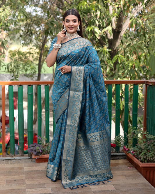 Lorenvalley Premium Bandhej Patola Silk Sarees with kanchi Borders and Contrast Zari Weaving borders Saree - Rama - Swadesiicart