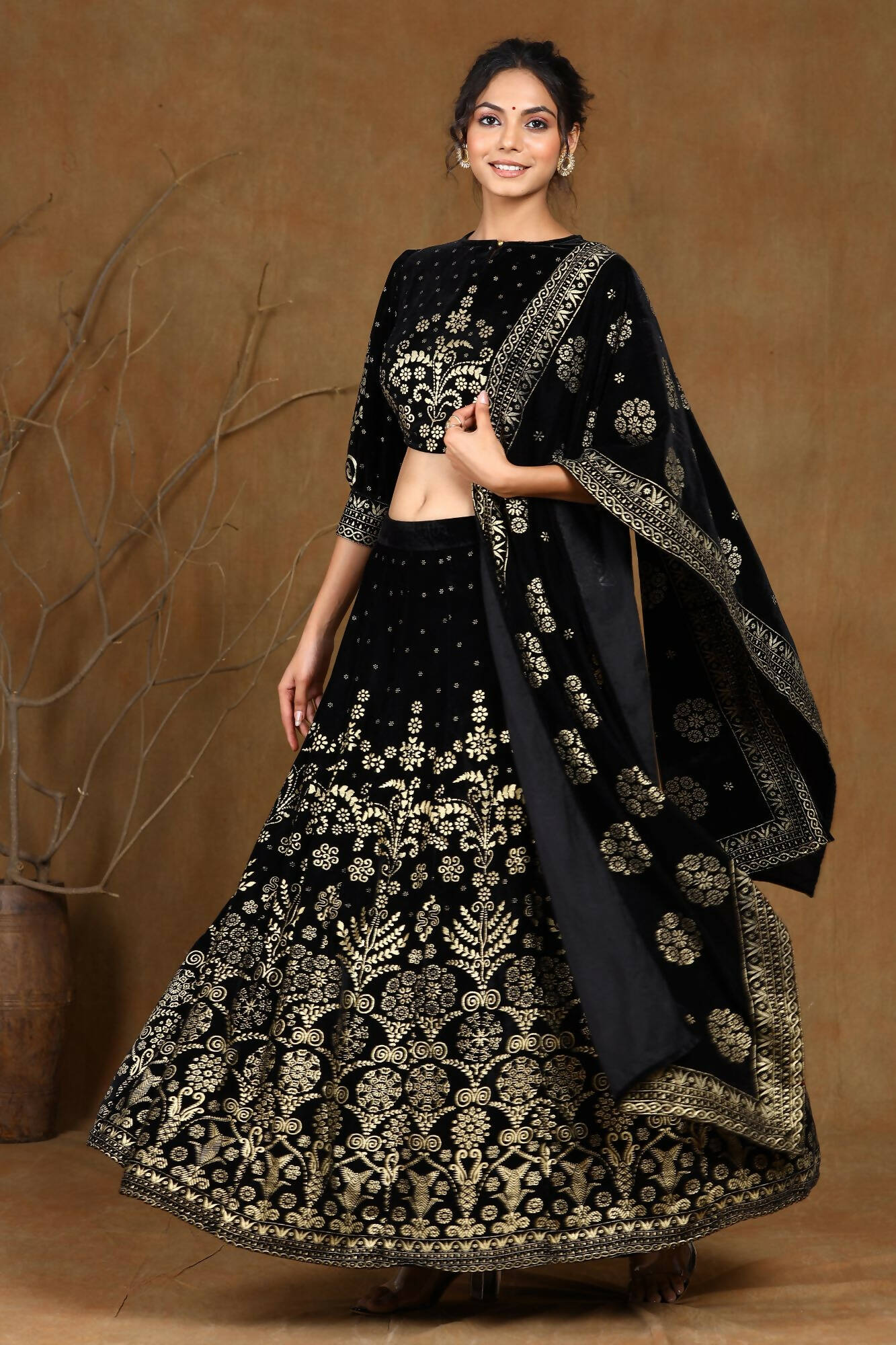 Juniper Women Black Velvet Printed Flared Lehenga Choli Sets | Swadesiicart