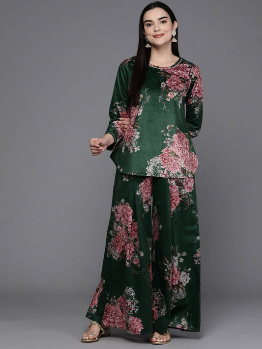 Ahalyaa Women Floral Printed Velvet Tunic with Palazzos - Green Color | Swadesiicart