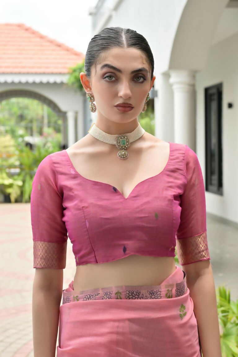 Vishnu Weaves Women's Pink Muga Cotton Thread Weaving Saree with Blouse - Swadesiicart