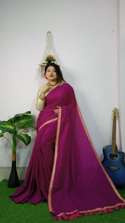 Exclusive Collection Beautiful Khadi Cotton Handloom Saree With Beautiful Zari Border - Purple - Swadesiicart