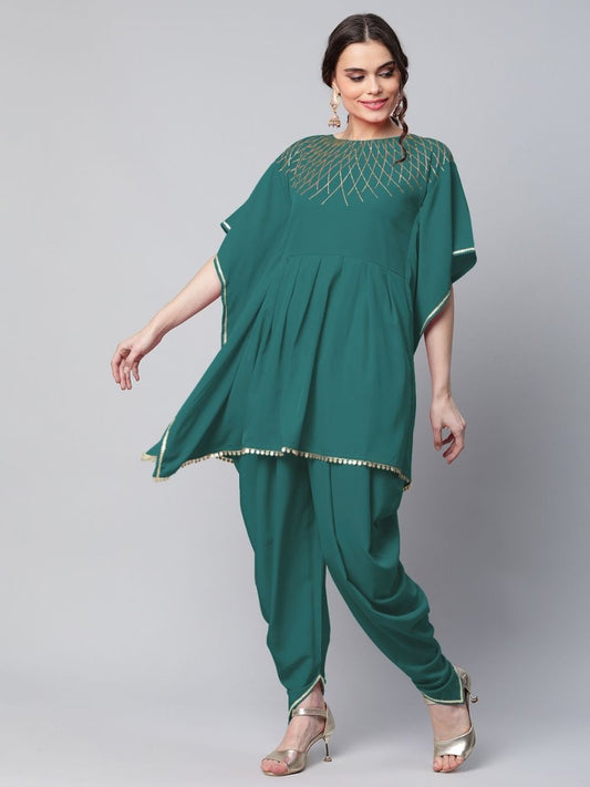 Ahalyaa Women Dark Green Crepe Glitter Printed Kurta with Dhoti Pants | Swadesiicart