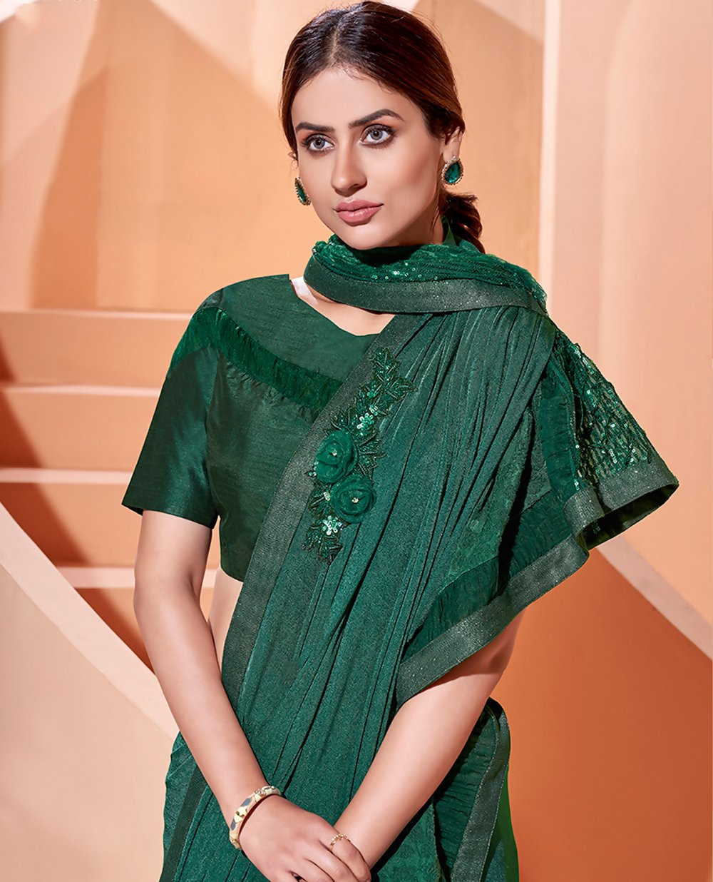 Green Lycraflock Work, Seuqins Embroidery, Handwork Shoulder Butta Saree - Norita Hit - Swadesiicart