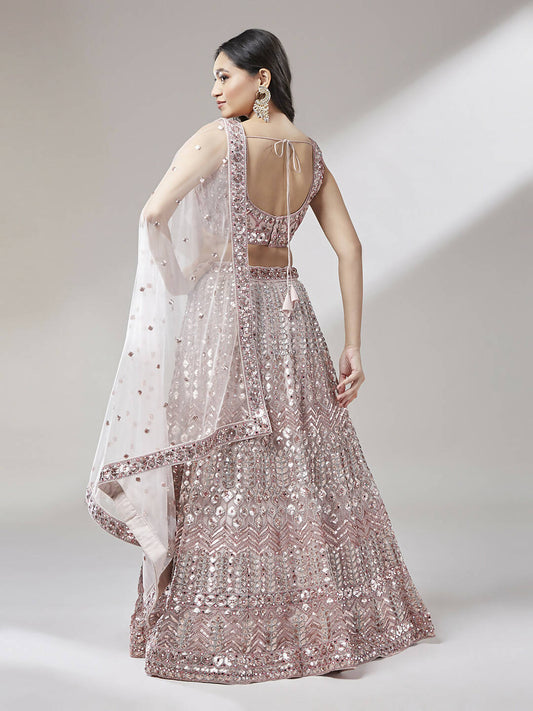 House of Panchhi Rose Gold Net Mirror & Sequinse embroidery Lehenga choli & Dupatta | Swadesiicart