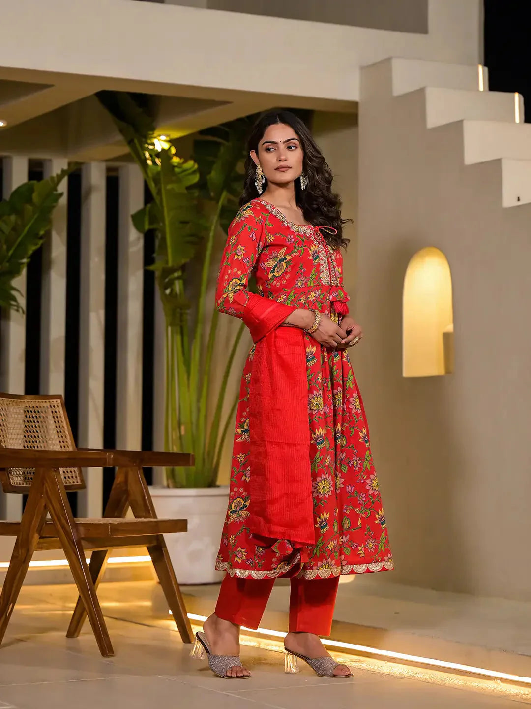 Yufta Red Dori Embroidery Voile Anarkali Kurta With Trousers With Dupatta Set - Swadesiicart