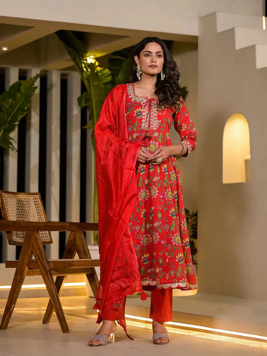 Yufta Red Dori Embroidery Voile Anarkali Kurta With Trousers With Dupatta Set - Swadesiicart