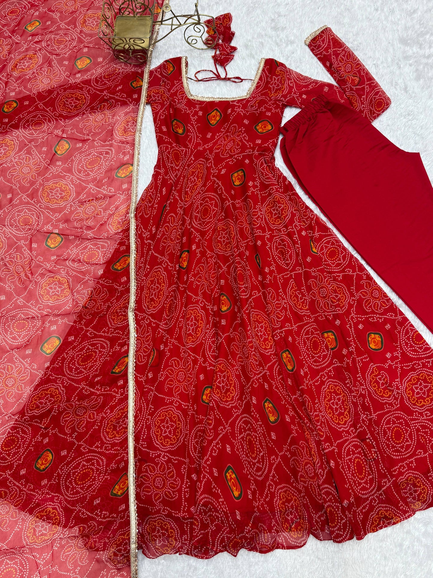 Lorenvalley Women Soft Lightweight Chiffon Bandhej Print Fabric Anarkali Kurta Pant With Dupatta Set - Swadesiicart