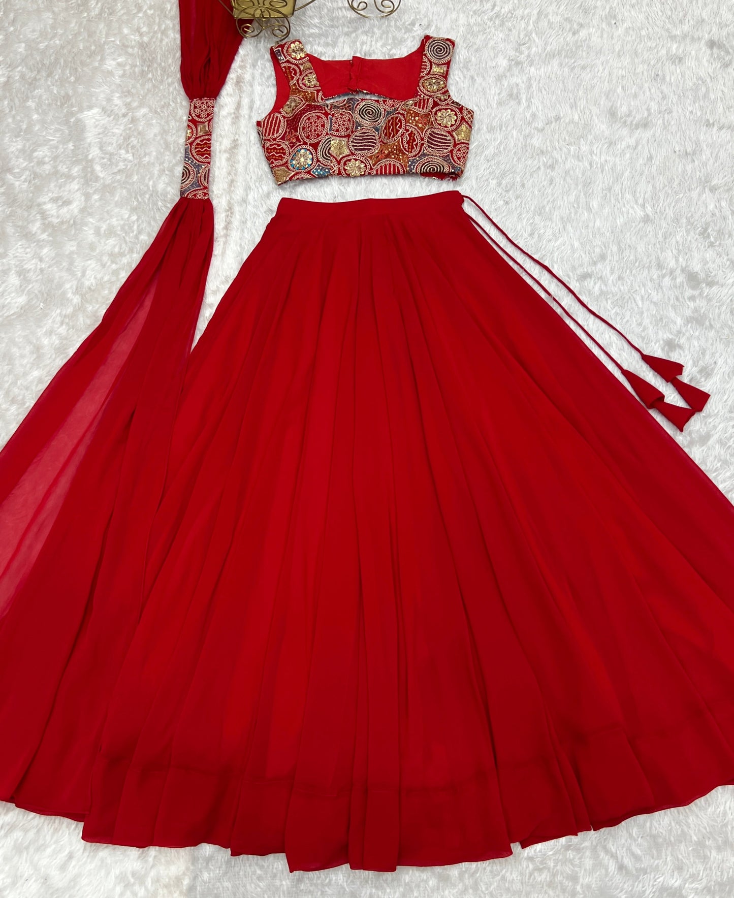 Lorenvalley Red Faux Georgette Stitched Lehenga Embroidery Blouse with Dupatta | Swadesiicart