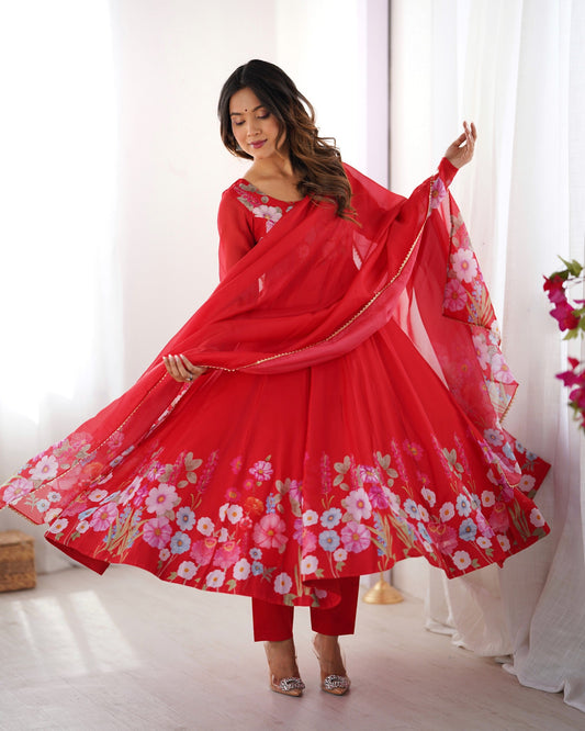 Lorenvalley Fashion Red Soft Organza Silk With Floral Print Fully Flared Anarkali Pant With Dupatta Set