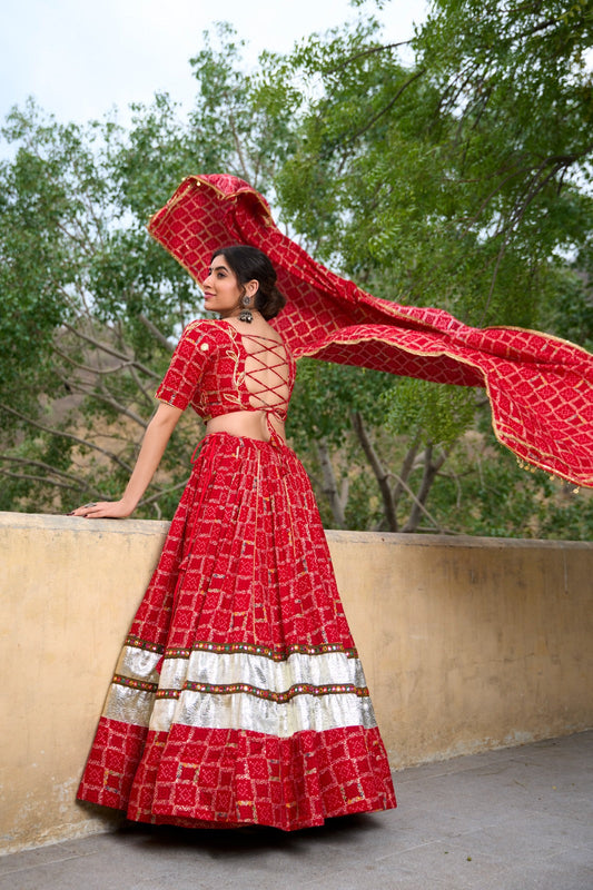 Lorenvalley Red Pure Rayon with Foil Printed With Gota Patti And Paper Mirror Work Lehenga Choli | Swadesiicart