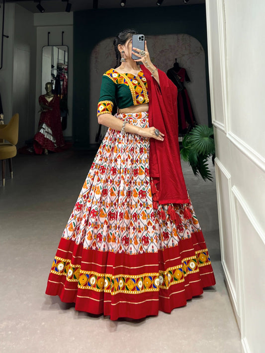 Lorenvalley Red Dola Silk and Cotton with Patola Print With Foil Work And Original Mirror Gamthi Lace Lehenga Choli | Swadesiicart