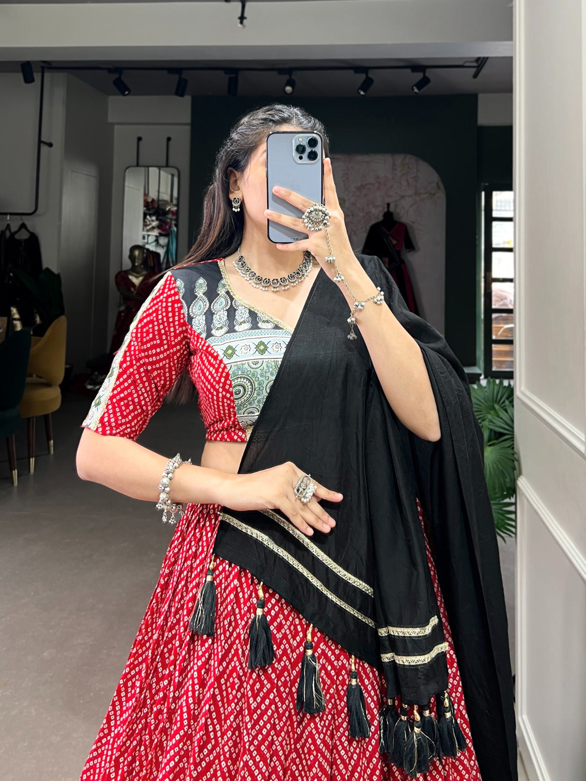 Lorenvalley Red Rayon with Bandhej And Ajarakh Print With Embossed Design Gota Lace Touch up Lehenga Choli | Swadesiicart