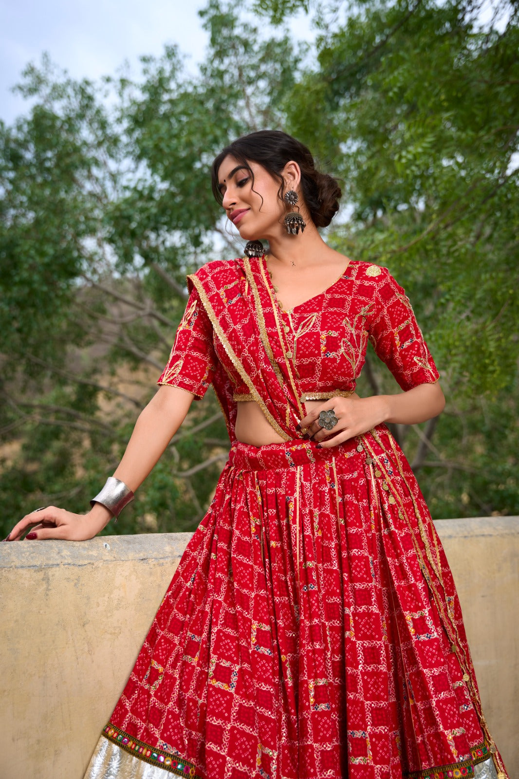 Lorenvalley Red Pure Rayon with Foil Printed With Gota Patti And Paper Mirror Work Lehenga Choli | Swadesiicart
