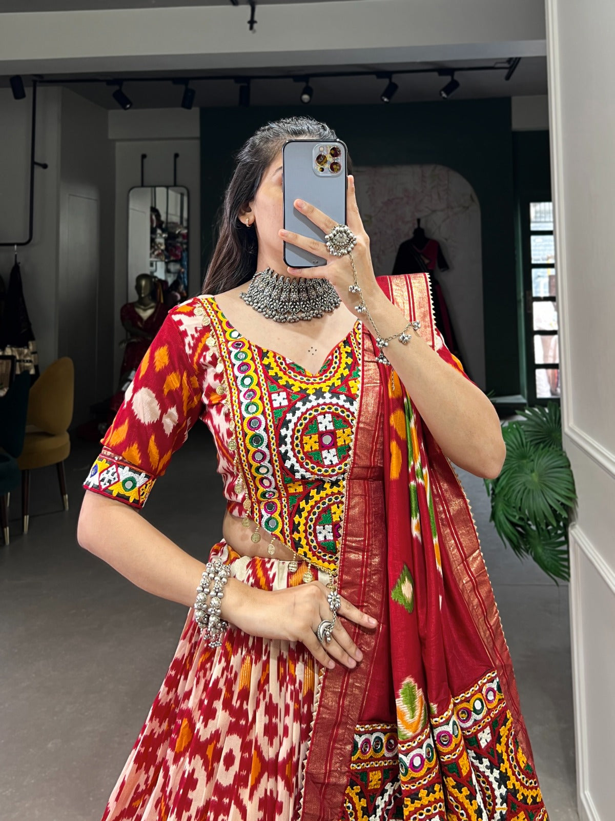 Lorenvalley Red Tussar Silk Patola Print With Foil Work And Original Mirror Gamthi Lace Lehenga Choli with Dupatta | Swadesiicart