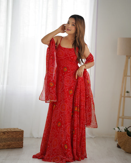 Lorenvalley Fashion Red Soft Chiffon Bandhej Fabric Print Fully Flair Anarkali With Pant Dupatta Set