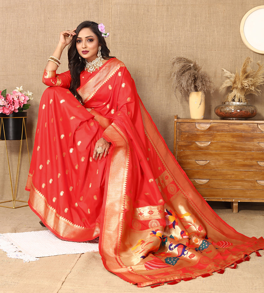 Lorenvalley Fashion Red Soft Paithani Silk Woven Design Rich Zari Meenakari Weaving Saree - Swadesiicart