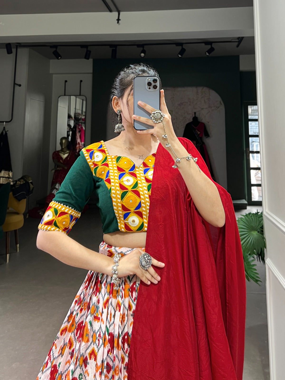 Lorenvalley Red Dola Silk and Cotton with Patola Print With Foil Work And Original Mirror Gamthi Lace Lehenga Choli | Swadesiicart