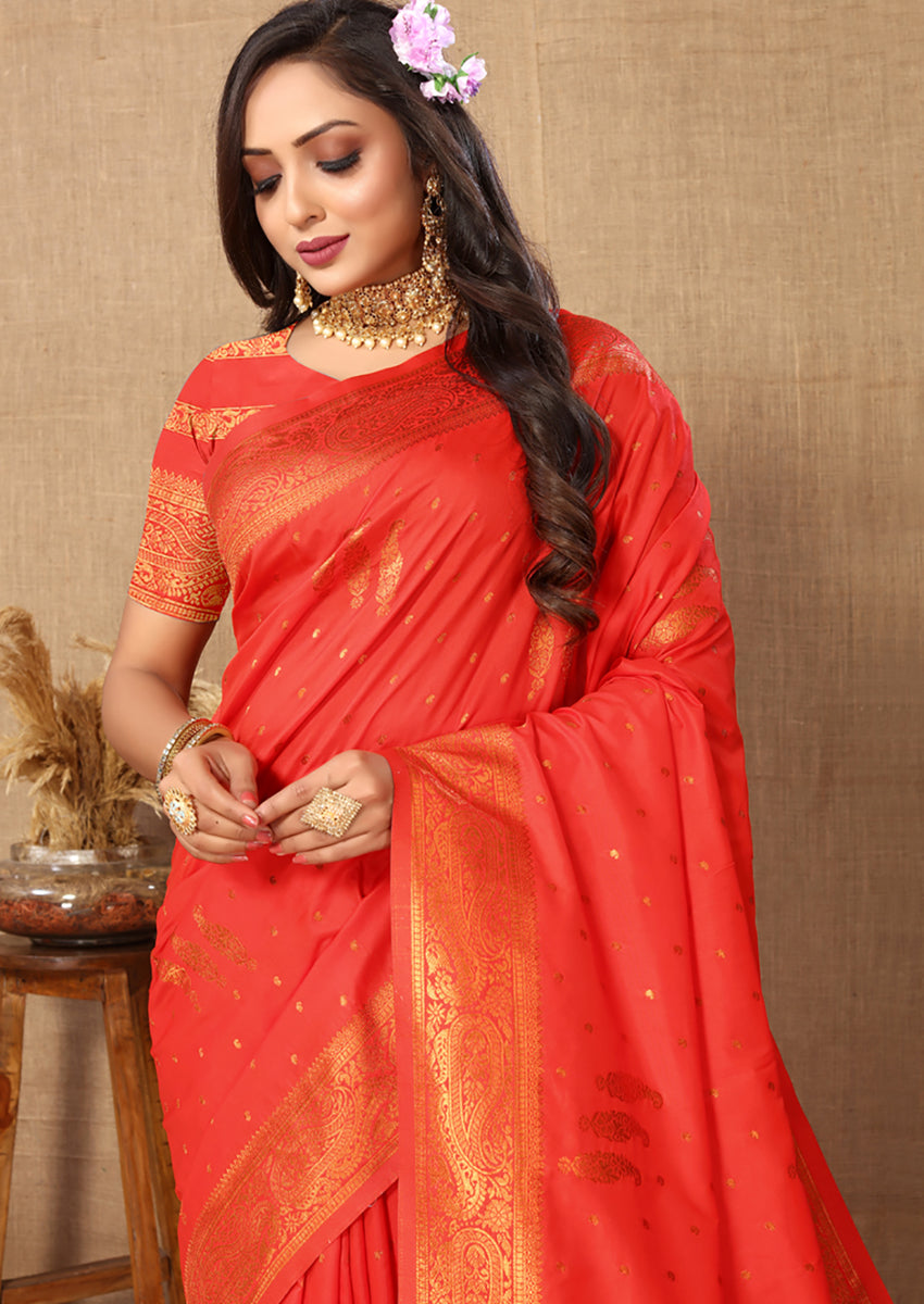 Lorenvalley Fashion Red Soft Silk Copper Zari weaving Design Saree - Swadesiicart